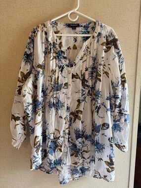 Roaman's Blue Floral Button-Front Blouse Adjustable Sleeves Boho Romantic 24
